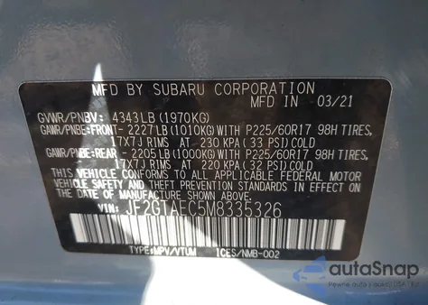 2021 Subaru Crosstrek Premium z USA, uszkodzony, nr VIN JF2GTAEC5M8335326